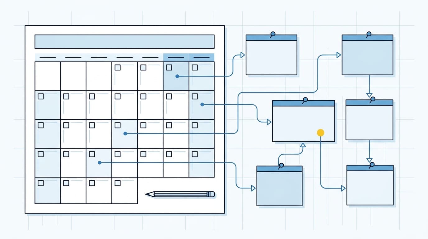 Illustration av en kalender och sammankopplade sidkort som visar en länkplan månad för månad