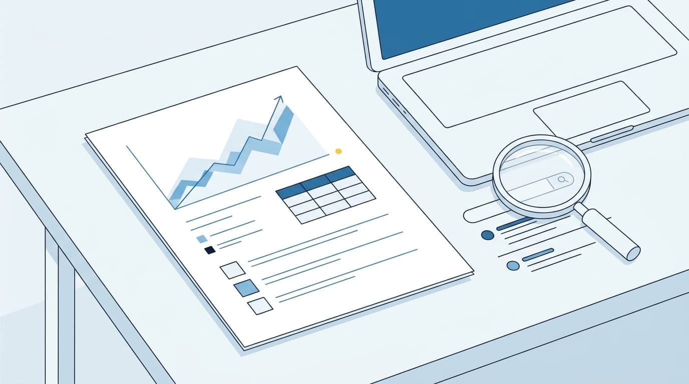 Illustration av en SEO-rapport med graf, tabell och kryssrutor bredvid en laptop