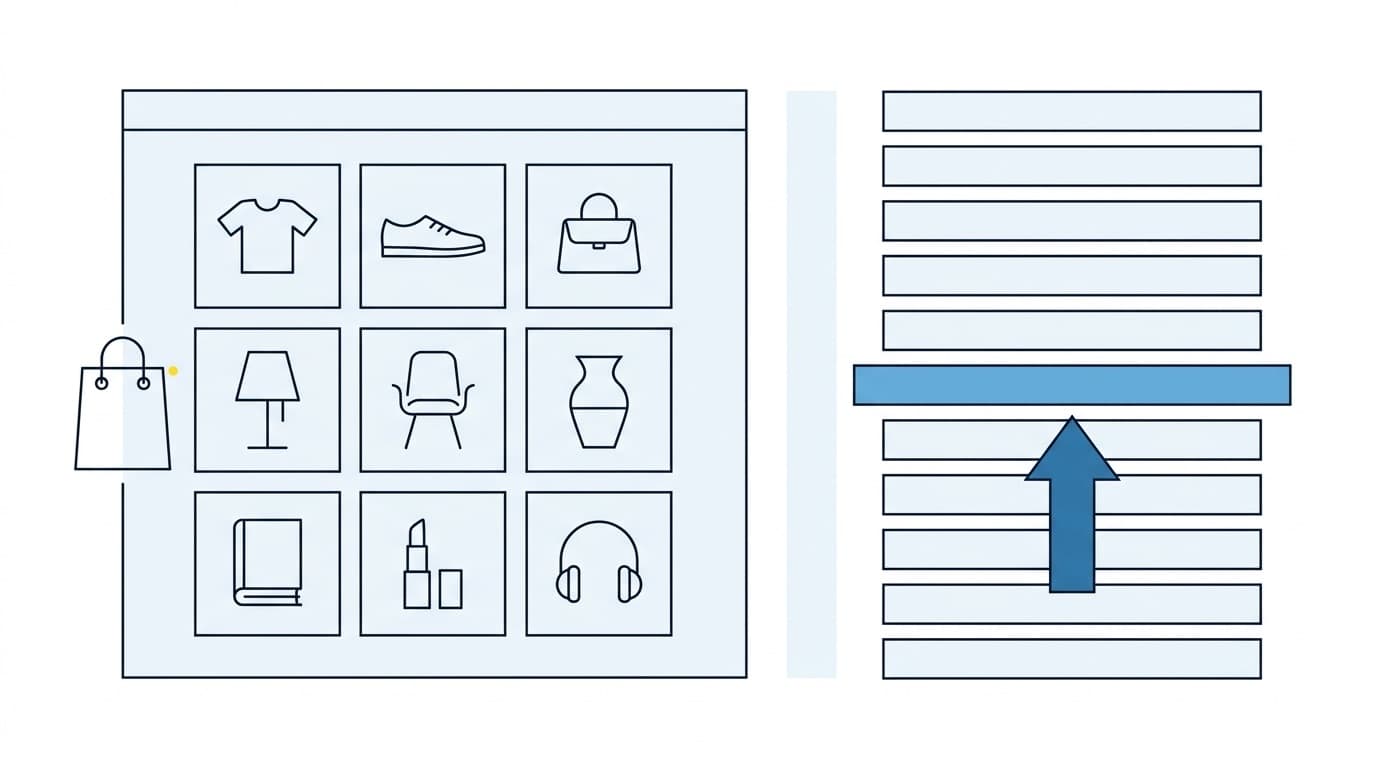 Illustration av en webbutik med kategorier och produkter som klättrar i Googles resultat